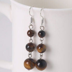 New Fashion 6mm+8mm+10mm Earrings for Women Natural Tiger Eye Beads Stone Dangle Long Lady Earrings Jewelry