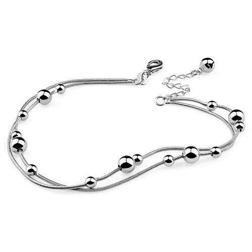 Fashion contracted 925 sterling silver women anklets.Solid silver double round bead chains.Real sterling silver girl anklets