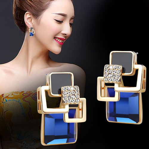 Hot Fashion Brincos Vintage Long Square Crystal Earring Big Geometric Stud Earrings For Women Classic Gold-Color Fine Jewelry