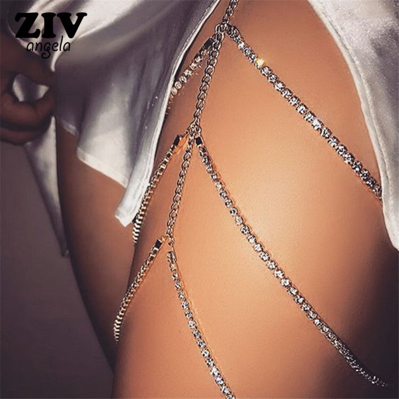 ZIVangela Rhinestones Leg Thigh Chain Shiny Women Sexy Body Chain Leg Thigh Harness Jewelry Beach Multi Layers Gold Color Chains