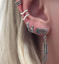 Load image into Gallery viewer, E0262 Punk Style Silver Color Earring Sets Ethnic Bohemia Ear Clip Stud Earrings For Women Feather Leaf Owl Earrings Wholesale