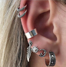 Load image into Gallery viewer, E0262 Punk Style Silver Color Earring Sets Ethnic Bohemia Ear Clip Stud Earrings For Women Feather Leaf Owl Earrings Wholesale