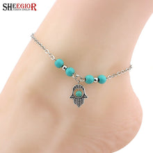 Load image into Gallery viewer, SHEEGIOR Sexy Barefoot Beach Turquoises Anklets Women Lovely Fatima Hand/Tree/Cross Silver Pendants Ankle Bracelets Foot Jewelry