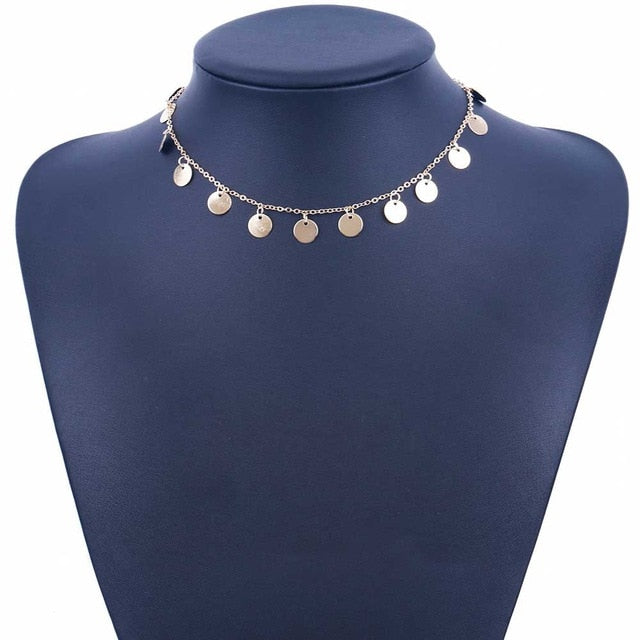 FAMSHIN New 1cm gold sequins tassel necklace. Metal round pendant short necklace / neckband necklace