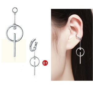 BAMOER Popular 925 Sterling Silver Geometric Circle & T bar Long Drop Earrings for Women Fashion Sterling Silver Jewelry SCE083