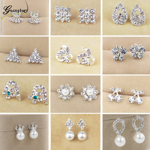 Hot Sale Cute Exquisite Simlated Pearl Crystal Stud Earring Butterfly Snowflake Star Triangle Crown Shape Earring Bijoux Brincos