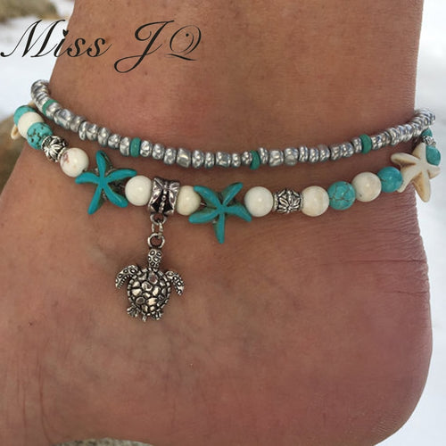 Miss JQ Vintage Design Starfish Turtle Anklets For Women Handmade Beaded Ankle Bracelet Foot Jewelry bracelet cheville femme