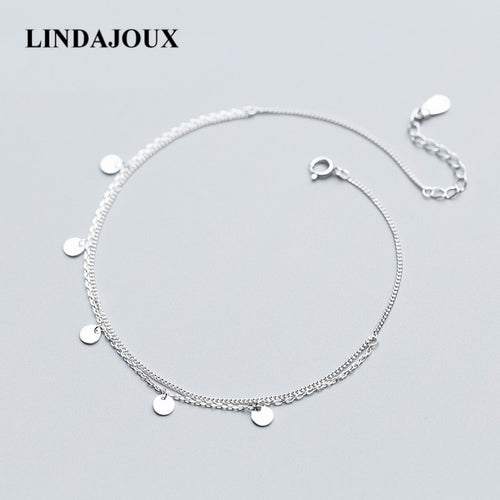 Simple Design Two Layers Polish Round Charm 925 Sterling Silver Anklet For Women Foot Chain Ankle Bracelets Summer Jewelry