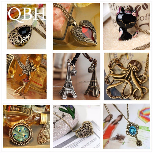 New Vintage Long Chain Bow Cat Owl Collares Heart Wing Feather Leaf LOVE Crystal Clavicle Pendant Necklace Jewelry For Women