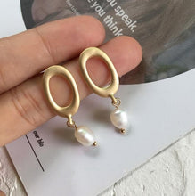 Load image into Gallery viewer, AOMU Korea Design Metal Gold Geometric Irregular Circle Square Natural Freshwater Pearl Stud Earrings for Women Girl Gift