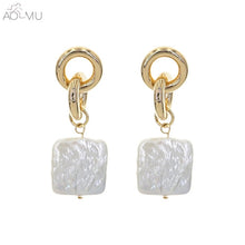 Load image into Gallery viewer, AOMU Korea Design Metal Gold Geometric Irregular Circle Square Natural Freshwater Pearl Stud Earrings for Women Girl Gift