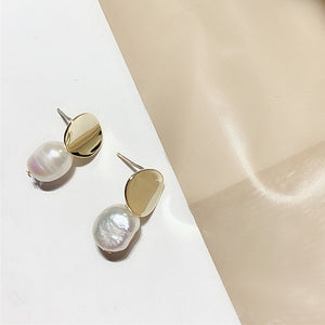 AOMU Korea Design Metal Gold Geometric Irregular Circle Square Natural Freshwater Pearl Stud Earrings for Women Girl Gift