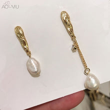 Load image into Gallery viewer, AOMU Korea Design Metal Gold Geometric Irregular Circle Square Natural Freshwater Pearl Stud Earrings for Women Girl Gift