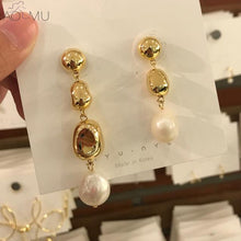 Load image into Gallery viewer, AOMU Korea Design Metal Gold Geometric Irregular Circle Square Natural Freshwater Pearl Stud Earrings for Women Girl Gift