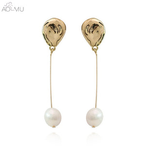 AOMU Korea Design Metal Gold Geometric Irregular Circle Square Natural Freshwater Pearl Stud Earrings for Women Girl Gift