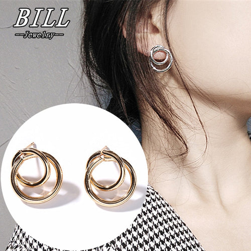 ES712 Stud Earrings for Women Punk Double Round Geometric Earring Fashion Jewelry Brincos 2018 Steampunk Bijoux HOT Selling