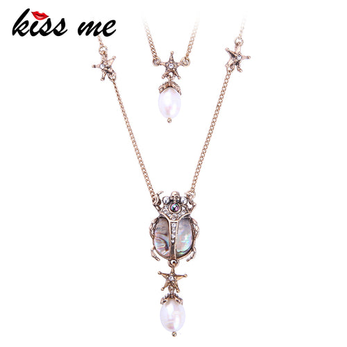 KISS ME Crystal Resin Cultured Pearl Beetle Insect Pendant Necklace Double Layers Necklaces for Women Brand Jewelry