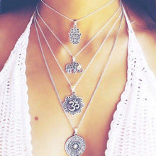Load image into Gallery viewer, Boho Elephant Palm Om Compass Pendant Multilayer Necklace Women Personality Silver Chain Long Necklace Charm Jewelry Gift