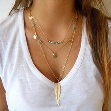 Load image into Gallery viewer, F10 Fashion Gold Color Multilayer Coin Tassels Lariat Bar Necklaces Beads Choker Feather Pendants Necklaces For Women Bijoux