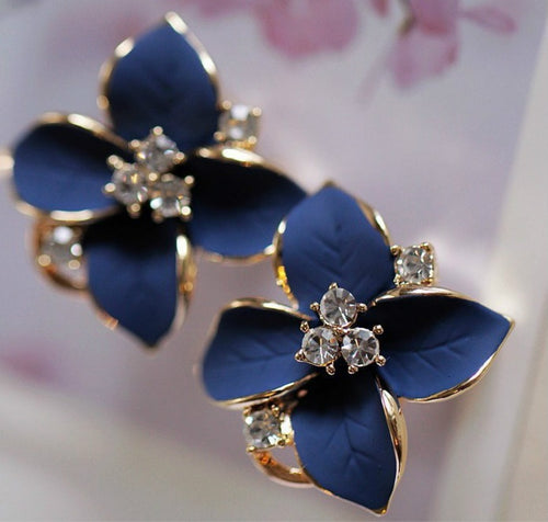 Fashion Jewelry Three-dimensional Matte Ear Clip Blue Flowers Crystal Flower Earrings Perforated Female Elegant Earring