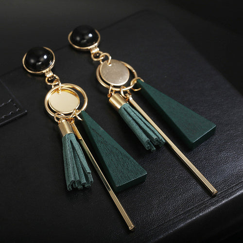 Personality Fashion triangle geometric wood earrings Retro female tassel long women earrings Jewelry