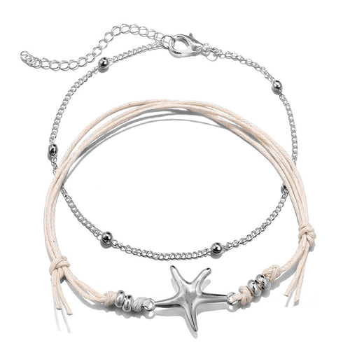 Miss JQ 2 PCS/set Vintage Bohemian Anklets Set for Women Silver Color Bead Starfish Pendant Bracelets Anklets Foot Ankle Jewelry