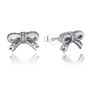 BAMOER Delicate 100% 925 Sterling Silver Sparkling Bow Stud Earrings With Clear CZ Women Party Luxury Jewelry PAS407