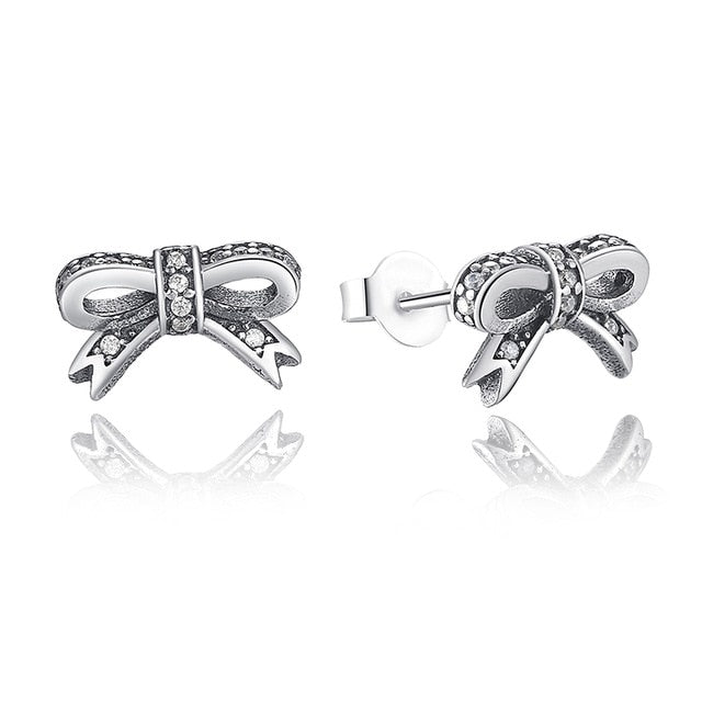 BAMOER Delicate 100% 925 Sterling Silver Sparkling Bow Stud Earrings With Clear CZ Women Party Luxury Jewelry PAS407