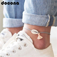 Load image into Gallery viewer, docona Boho Tassel Shell Pendant Anklet for Women Girl Gray Rope Adjustable Anklets Bracelets Beach Foot Jewelry 6763