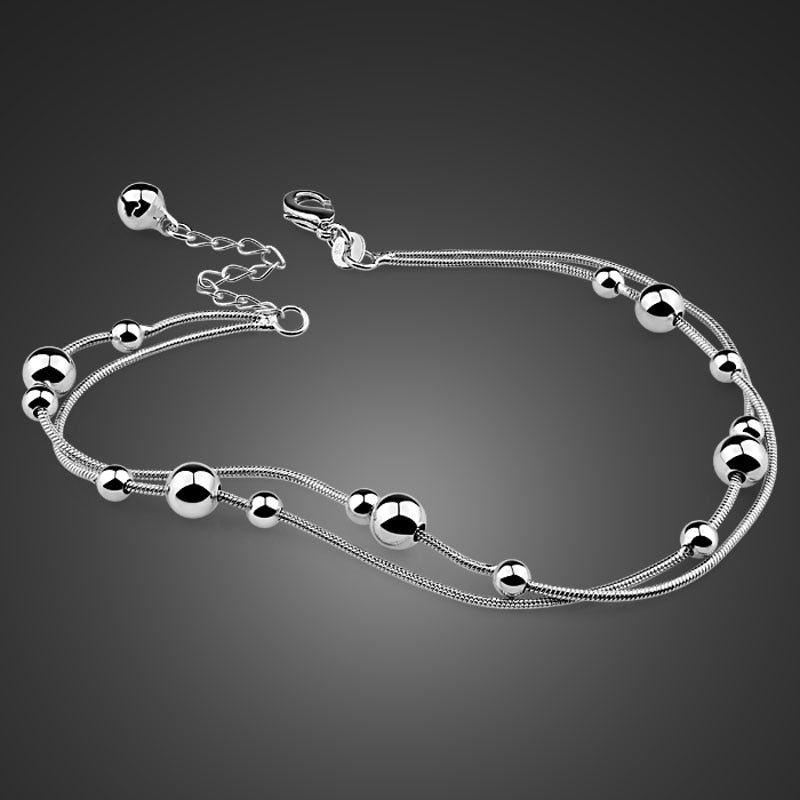 Fashion contracted 925 sterling silver women anklets.Solid silver double round bead chains.Real sterling silver girl anklets