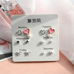 6 Pairs/set, 2019 New Earrings for Women Stars Heart Crytal Cute Earrings Fashion Jewelry Monday To Saturday 6 Pairs Earrings