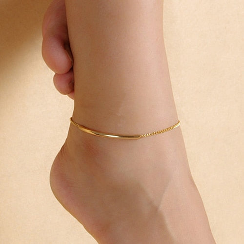 Women Golden Tone Elbow Pipe Chain Anklet Bracelet Barefoot Sandal Foot Jewelry