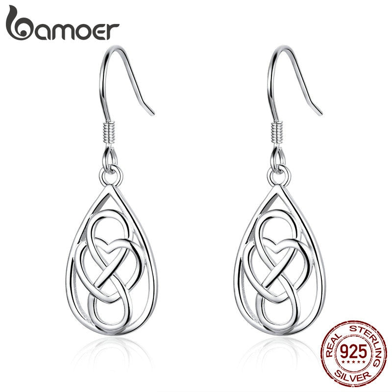 BAMOER Genuine 925 Sterling Silver Infinite Love Heart to Heart Engrave Drop Earrings for Women Fashion Earrings Jewelry SCE532