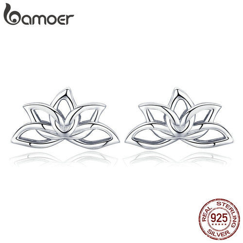 BAMOER New Arrival 925 Sterling Silver Lotus Flower Stud Earrings for Women Elegant Lotus Earrings Silver Jewelry BSE024