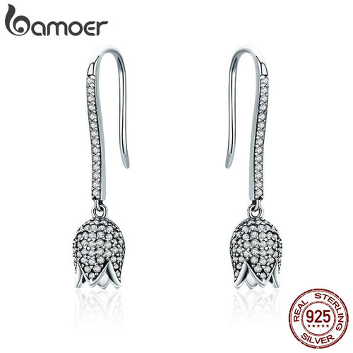 BAMOER 925 Sterling Silver Dazzling CZ Tulip Flower Petal Female Drop Earrings for Women Luxury Earrings Silver Jewelry SCE301