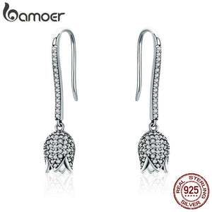 BAMOER 925 Sterling Silver Dazzling CZ Tulip Flower Petal Female Drop Earrings for Women Luxury Earrings Silver Jewelry SCE301