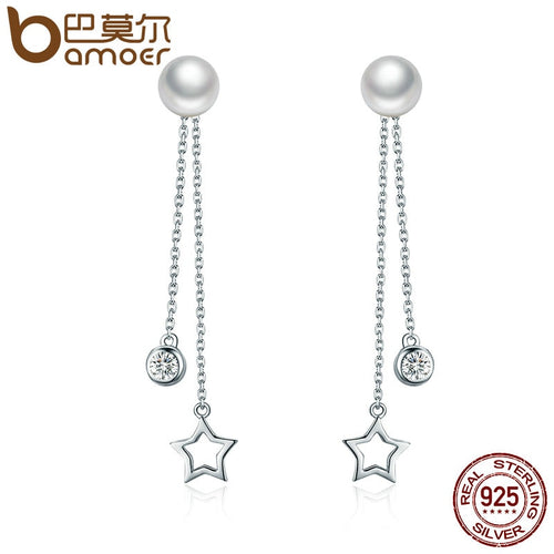 BAMOER 100% 925 Sterling Silver Twinkle Star Imitation Pearl Long Drop Earrings for Women Clear CZ Luxury Jewelry Brincos SCE069