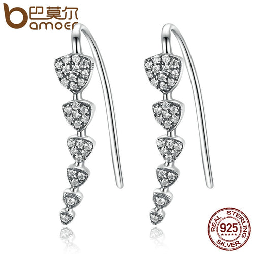 BAMOER 100% Genuine 925 Sterling Silver Triangle Heart Long Drop Earrings with Clear CZ Sterling Silver Jewelry Brincos SCE039