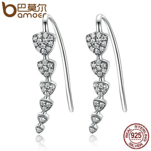 BAMOER 100% Genuine 925 Sterling Silver Triangle Heart Long Drop Earrings with Clear CZ Sterling Silver Jewelry Brincos SCE039