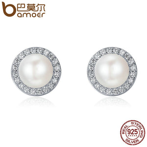 BAMOER 925 Sterling Silver Classic Round Sparkling CZ Fresh Water Pearl Stud Earrings for Women Sterling Silver Jewelry SCE122