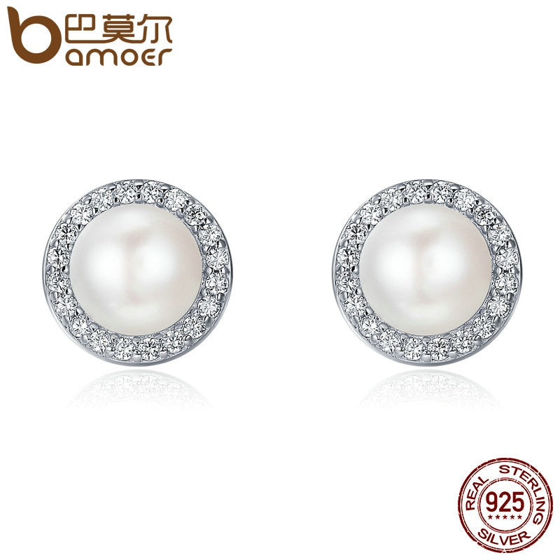 BAMOER 925 Sterling Silver Classic Round Sparkling CZ Fresh Water Pearl Stud Earrings for Women Sterling Silver Jewelry SCE122