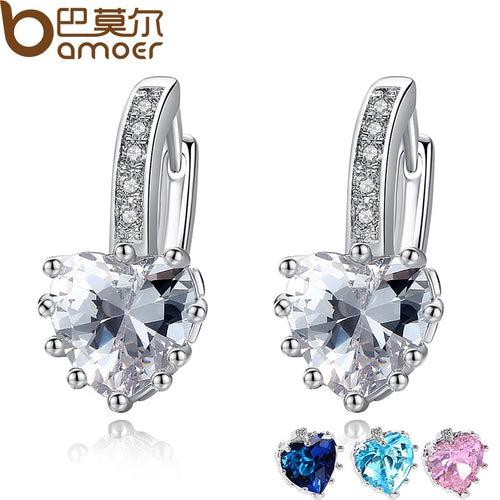 BAMOER 2018 HOT SELL Silver Color 4 Color Stones Heart Shape Trendy & Elegant AAA Zircon Stud Earring for Party n Gift YIE095