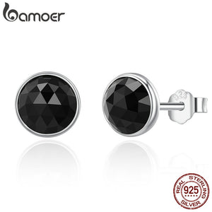 BAMOER 100% 925 Sterling Silver June Droplets Stud Earrings, Black Crystal Stud Earrings Women Sterling Silver Jewelry PAS523