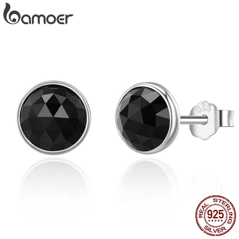 BAMOER 100% 925 Sterling Silver June Droplets Stud Earrings, Black Crystal Stud Earrings Women Sterling Silver Jewelry PAS523