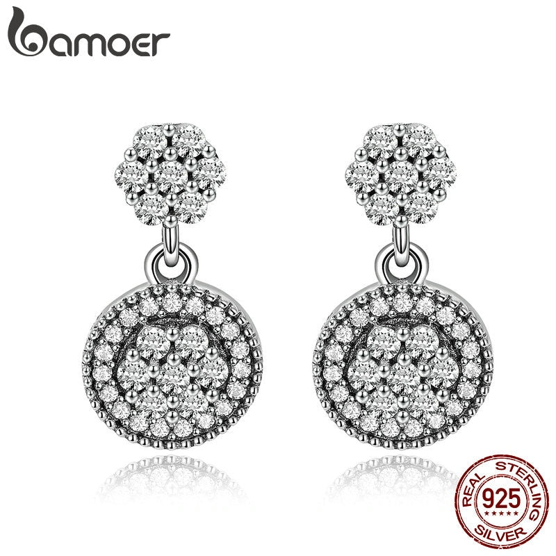 BAMOER 100% 925 Sterling Silver Radiant Elegance Round Geometric Stud Earrings for Women Sterling Silver Jewelry Gift SCE402