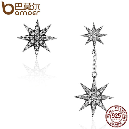 BAMOER Trendy 100% 925 Sterling Silver Sparkling Star & Snowflake Drop Earrings for Women Authentic Silver Jewelry Bijoux SCE108