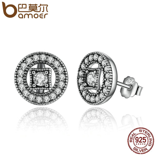 BAMOER Authentic Real 925 Sterling Silver Vintage Allure, Clear CZ Stud Earrings Women Wedding Jewelry Femme Brincos PAS485