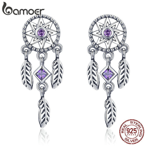 BAMOER 925 Sterling Silver Vintage Dream Catcher Drop Earrings for Women Purple Cubic Zircon Sterling Silver Jewelry SCE502