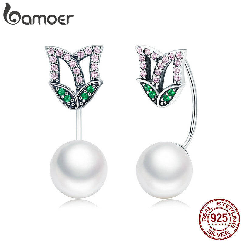 BAMOER 100% 925 Sterling Silver Luminous Crystal CZ Flower Petal Drop Earrings for Women Fashion Earrings Silver Jewelry SCE303