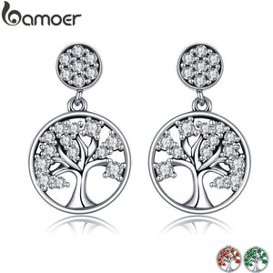 BAMOER Genuine 100% 925 Sterling Silver Tree of Life ,AAA Zircon Drop Earrings for Women Sterling Silver Jewelry Brincos SCE067